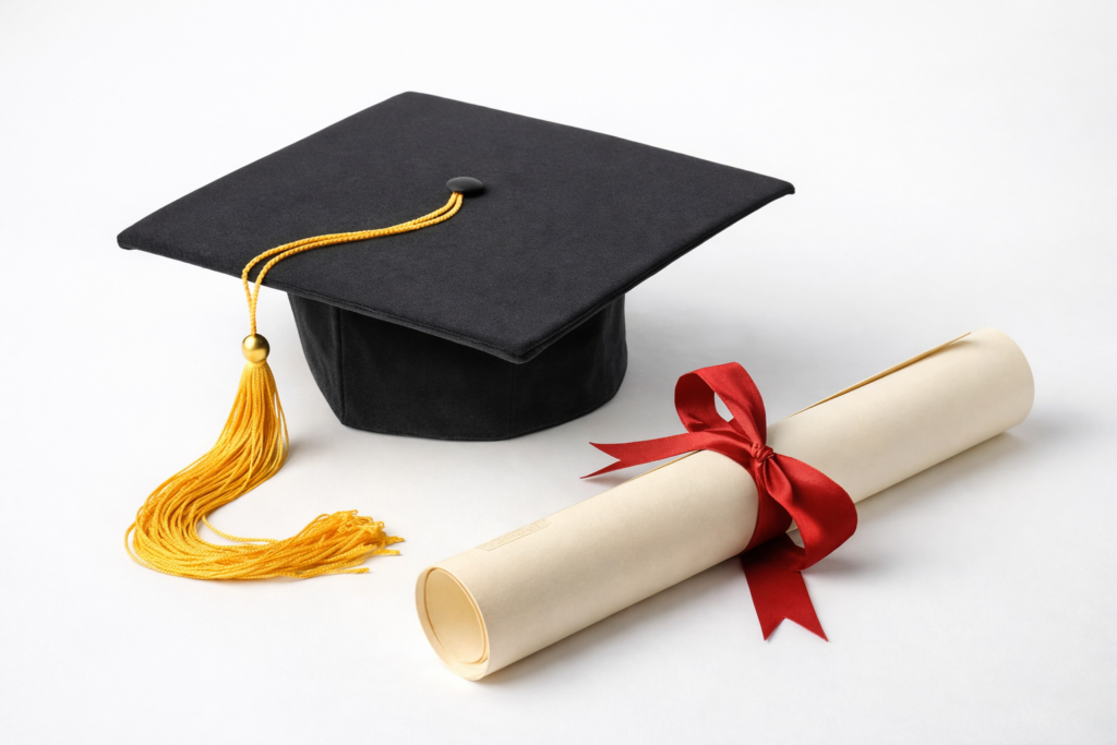 Diplôme et chapeau de graduation symbolisant la réussite d’un examen