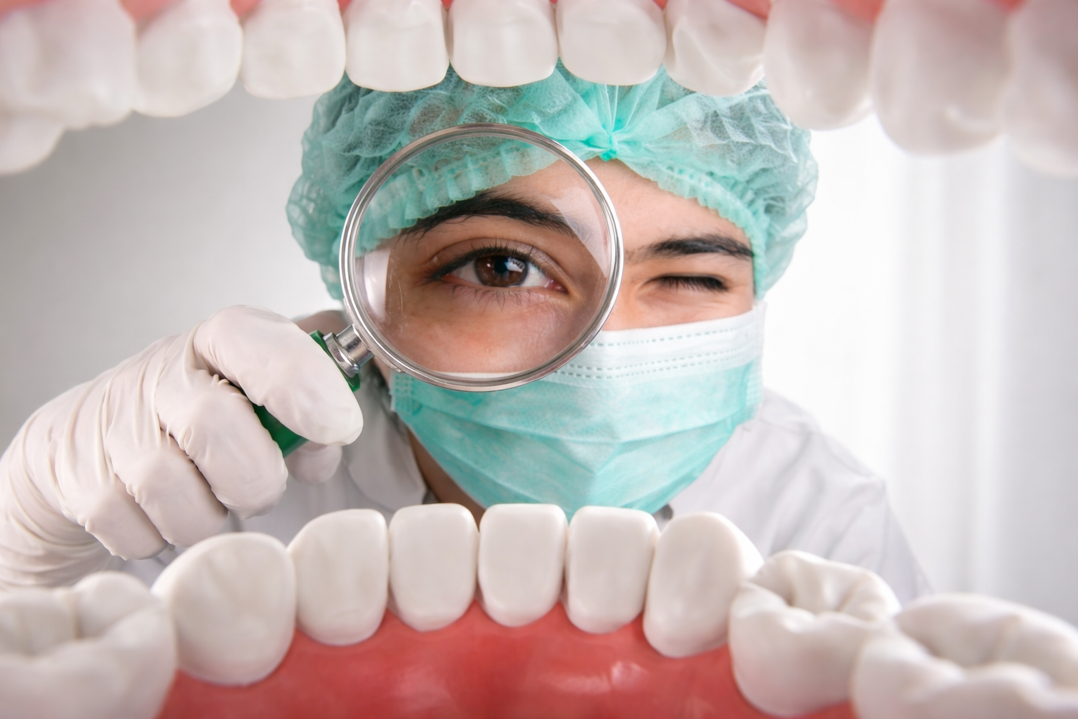 Dentiste examinant des dents avec une loupe
