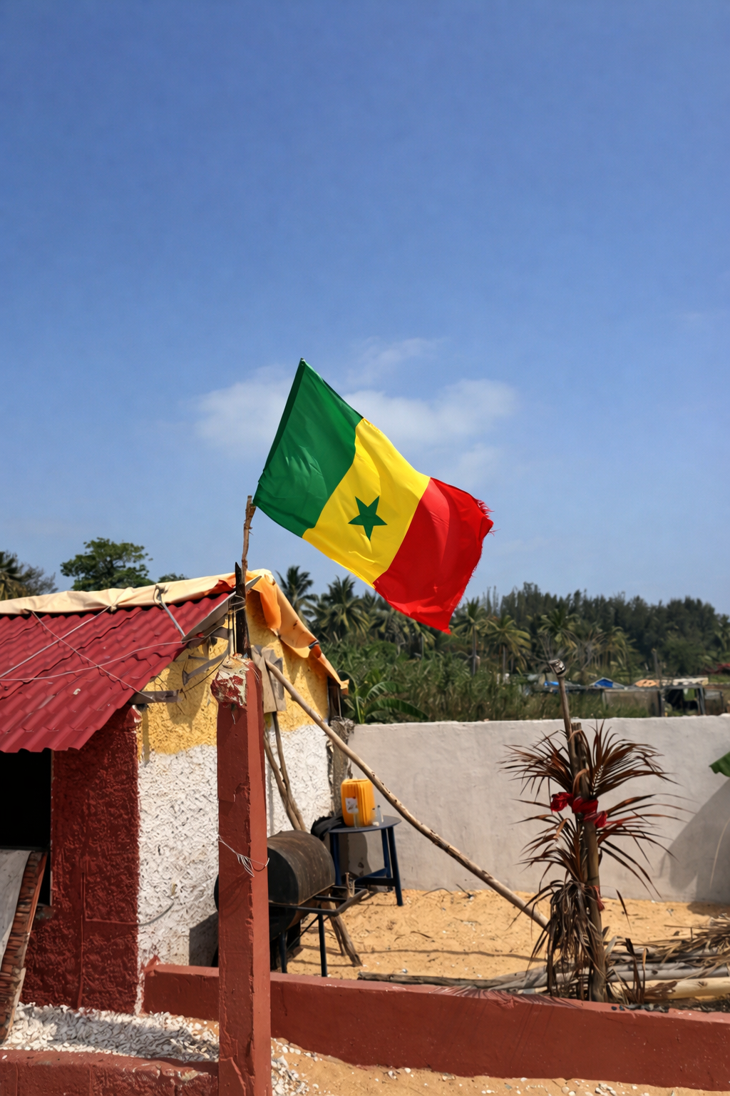 Drapeau du Sénégal flottant dans un environnement local