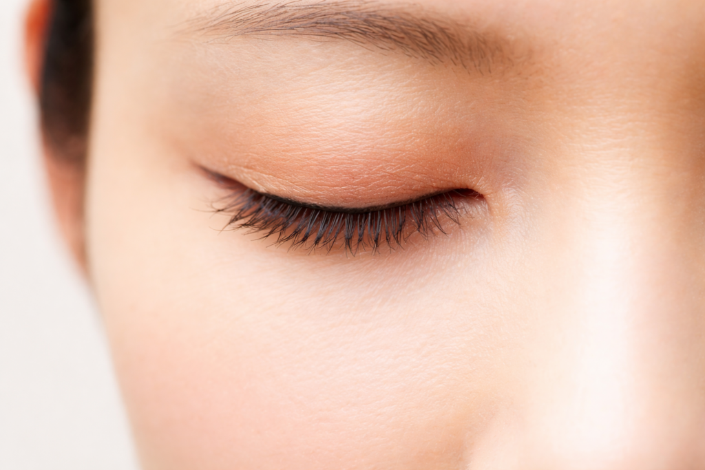 Gros plan sur une paupière lisse et reposée après une blépharoplastie