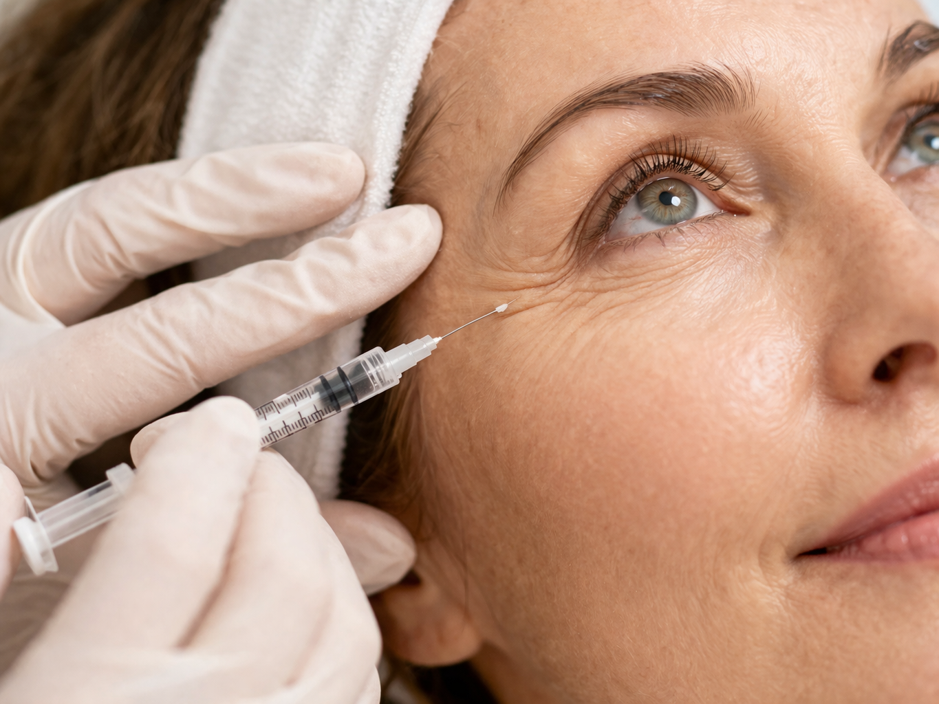 Injection de botox réalisée par un professionnel de santé pour atténuer les rides autour des yeux