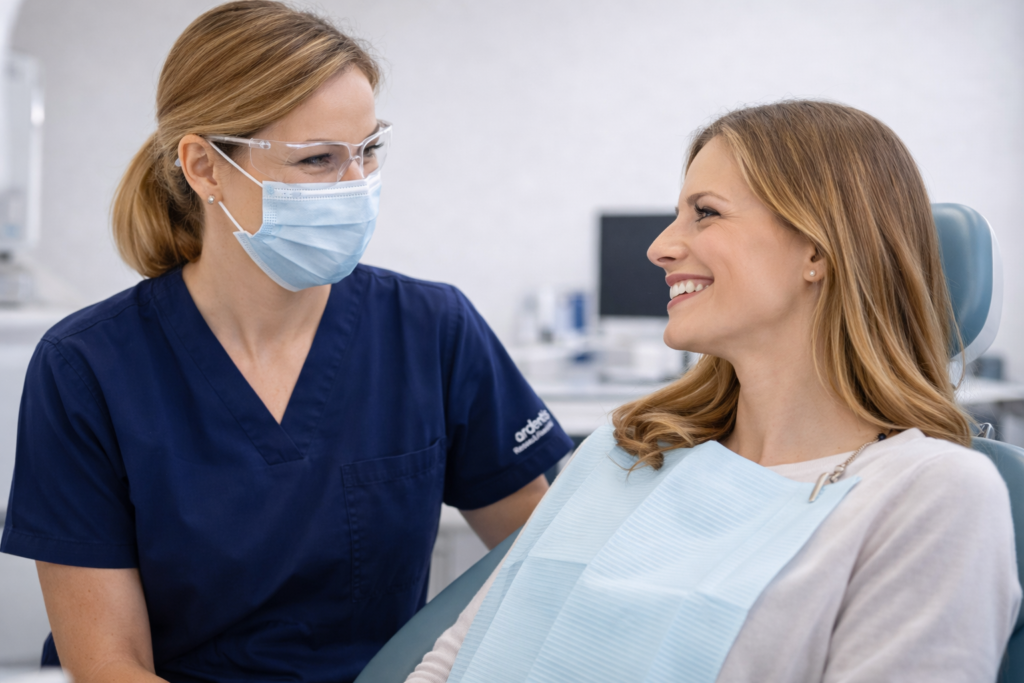 Hygiéniste dentaire et patiente souriantes lors d’un soin de détartrage en cabinet