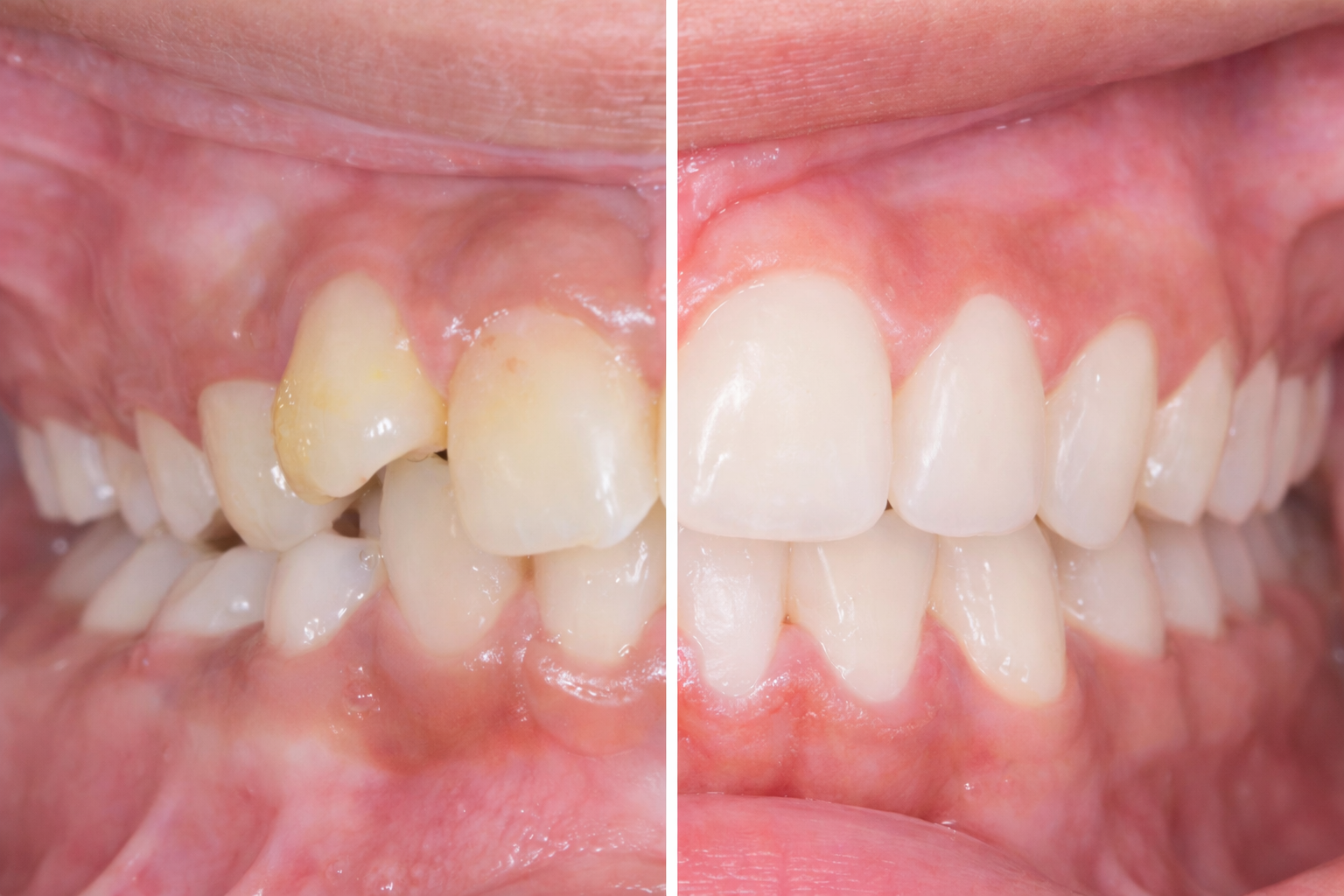 Comparaison avant après d’un traitement orthodontique montrant l’alignement des dents et l’amélioration de l’occlusion