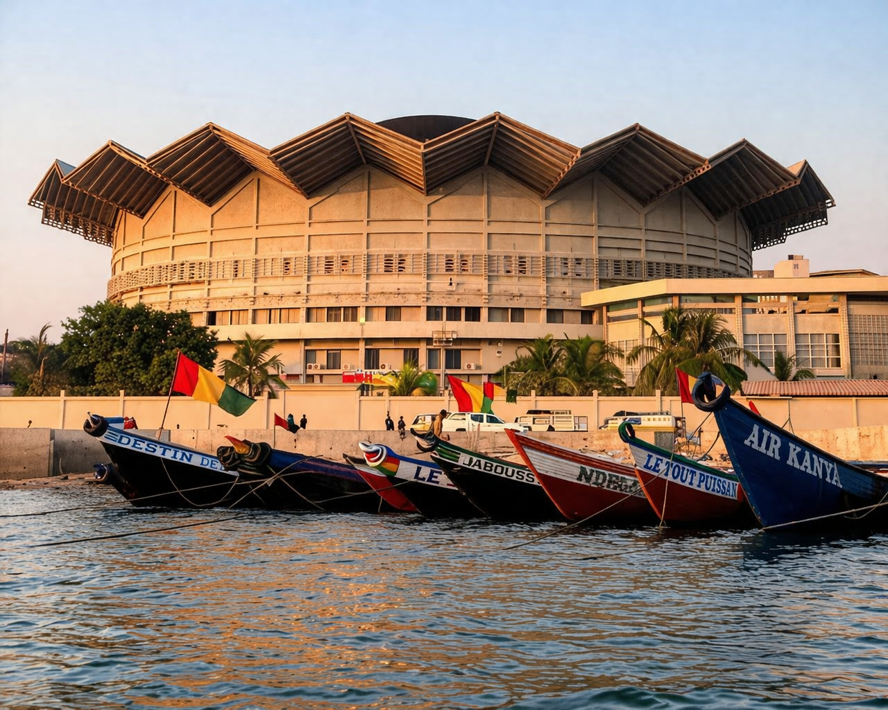 Vue du littoral en Guinée avec des bateaux traditionnels