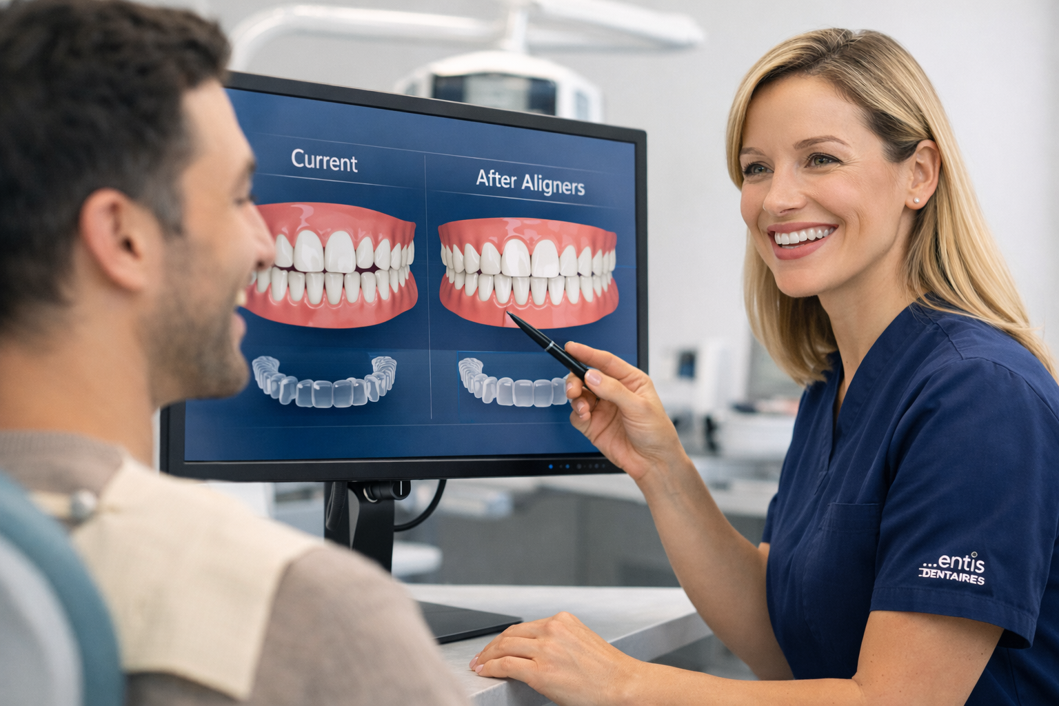 Dentiste présentant un traitement par aligneurs transparents avec simulation avant après du sourire