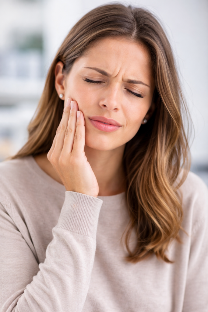 Femme se tenant la mâchoire en raison d’une douleur